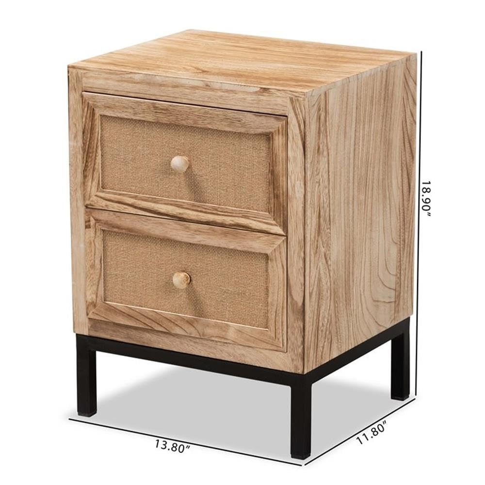 Baxton Studio Lalette Mid-Century Modern Oak Brown Finished Wood and Black Metal 2-Drawer Nightstand